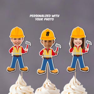 Personalized Construction Photo Cupcake Toppers – Under Construction Birthday Party Decor – Builder Theme