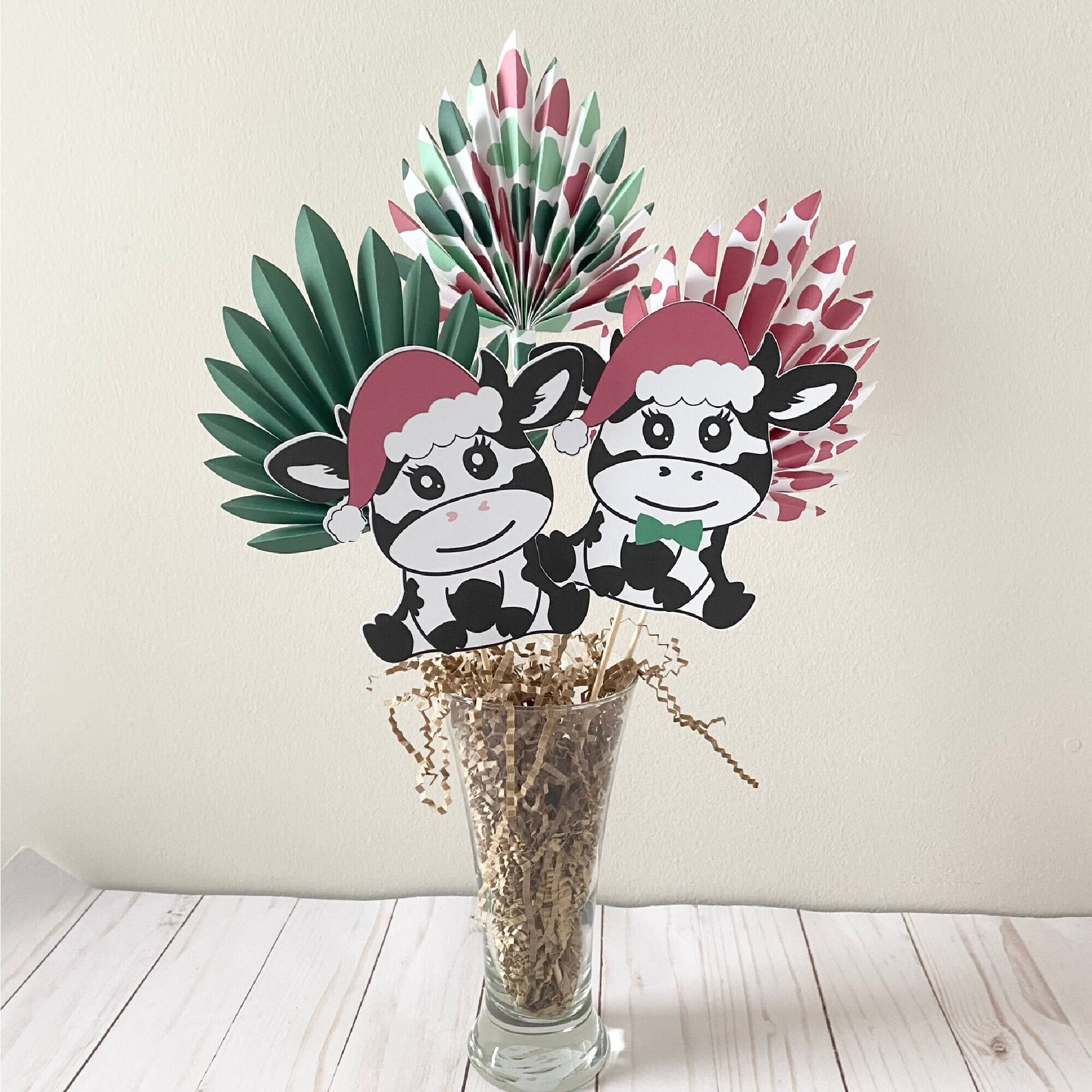 Christmas Cows 4 or 5 Piece Centerpiece Sun Palm Christmas Centerpiece Baby Shower Christmas Decoration Twin Boy Girl Cow