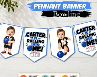 Personalized Bowling Birthday Photo Pennant Banner, Custom Bowler Banner, Rolling Into One Banner, First Birthday Party Decorations