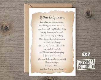 If You Only Knew Poem Card  | Romantic Love Letter for Husband, Wife, Boyfriend or Girlfriend | Meaningful Anniversary Keepsake Greeting