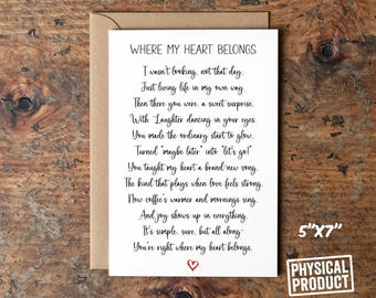 Where My Heart Belongs – Romantic Handwritten Poem Greeting Card, Anniversary, Valentine's Day 5x7" Gift for Him or Her