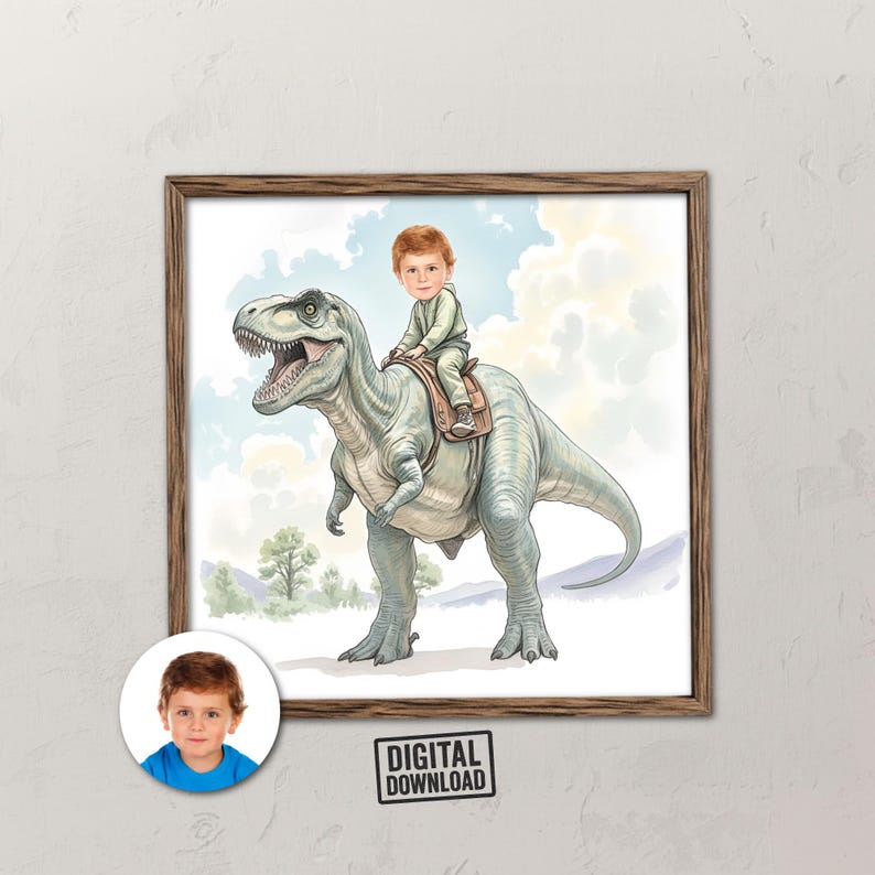 Custom Dinosaur Rider Portrait – Boy on T-rex | Personalized Watercolor ...