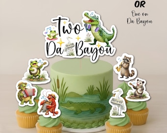 Two Da Bayou Birthday Cupcake Toppers – One on Da Bayou Animal Music Party – Alligator, Frog, Raccoon, Crawfish – 1st or 2nd Birthday Party