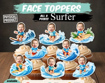 Surfer Baby Photo Cupcake Toppers, Custom Birthday Party Decorations, Personalized Face Sticks, Beach Party Decor, Surf Party Face Picks