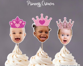 Personalized Princess Crown Photo Cupcake Toppers – Custom Baby Princess Birthday Decor – Pink Glitter Crown