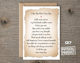 I Love You More Every Day Card, Romantic Love Letter, Anniversary Gift, Heartfelt Keepsake, Valentine's Birthday Sentimental Greeting