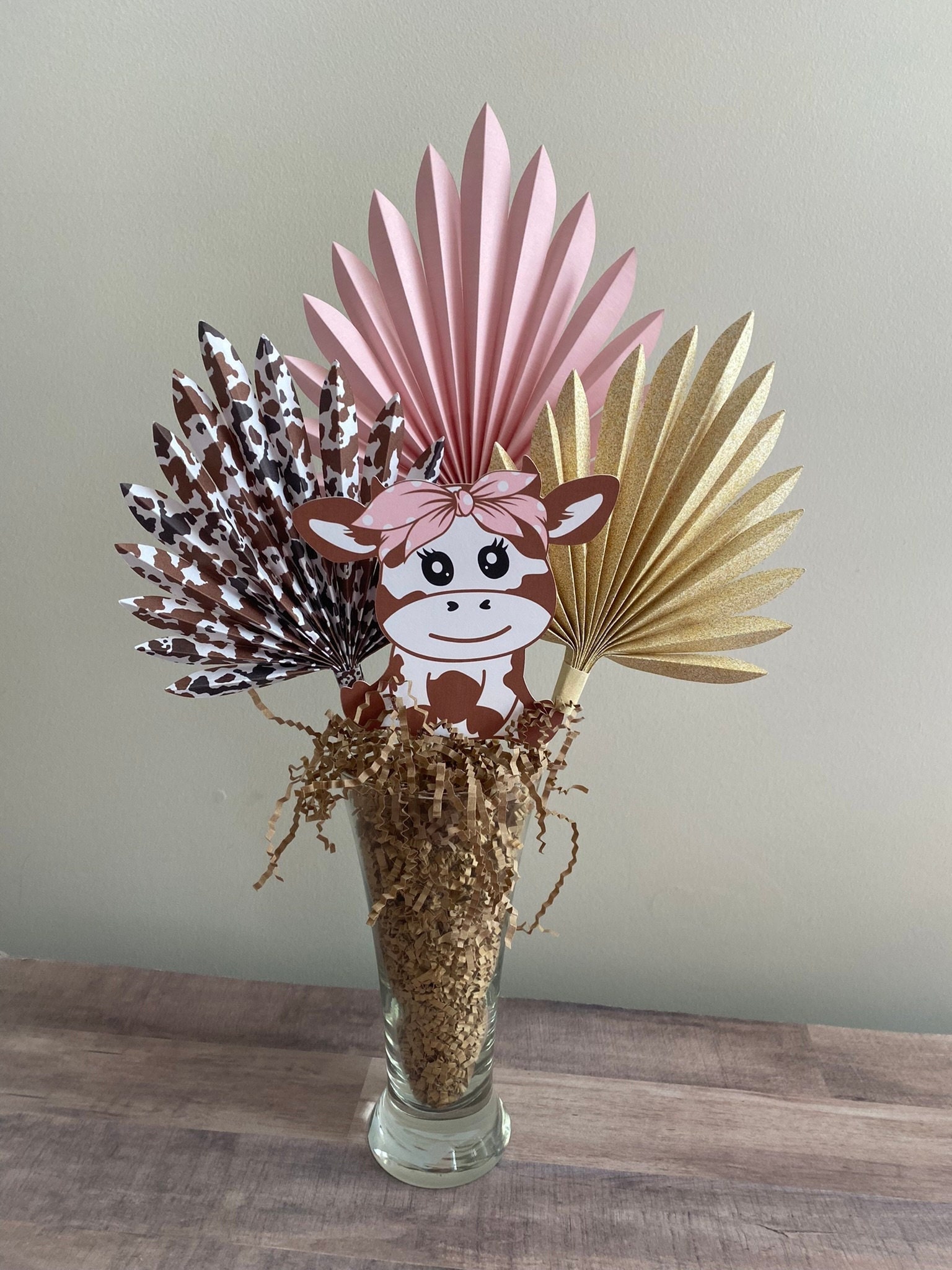 Baby Girl Cow 4 Piece Centerpiece Sun Palm Pink Gold and Brown Centerpiece Holy Cow Theme Baby Shower Decorations First
