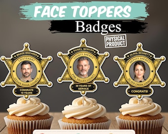 Custom Sheriff Badge Face Cupcake Toppers | Personalized Deputy Photo Toppers | Law Enforcement Retirement, Promotion & Birthday Decorations