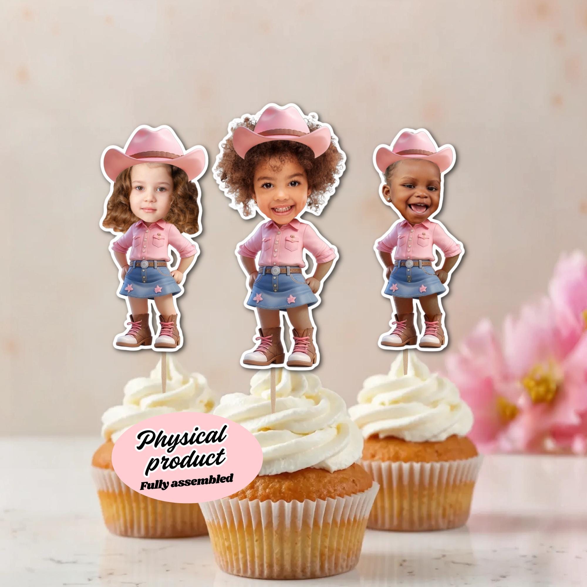 Pink Cowgirl Photo Cupcake Toppers: Custom Rodeo Party Decor