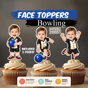 Personalized Bowling Photo Cupcake Toppers, Custom Face Sticks, Rolling into One, Bowling Baby First Birthday Party Decorations