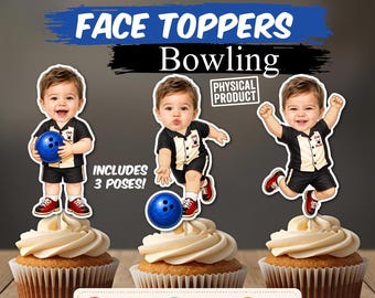 Personalized Bowling Photo Cupcake Toppers, Custom Face Sticks, Rolling into One, Bowling Baby First Birthday Party Decorations