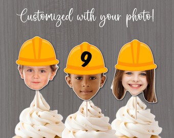 Custom Photo Hardhat Cupcake Toppers: Construction Birthday Party Decorations
