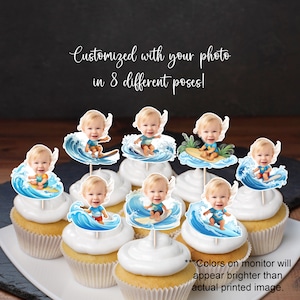 Surfer Baby Custom Photo Cupcake Toppers, Birthday Cupcake Toppers, Surfer Girl, Surfer Boy, Photo Face Cupcake Toppers, Surfing Party Decor