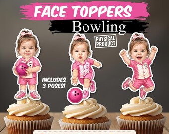 Personalized Bowling Photo Cupcake Toppers, Custom Face Sticks, Rolling into One, Bowling Baby First Birthday Party Decorations