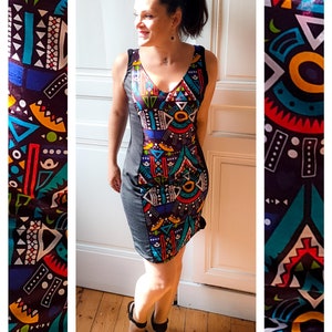 Vestido justo para mulher, padrões étnicos multicoloridos, cera de alta qualidade, TODOS os modelos são personalizáveis: medidas, comprimentos, etc.