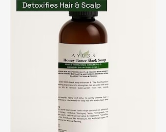 Champú de jabón negro con mantequilla de miel, henna, cuero cabelludo sano, cuero cabelludo limpio, miel, fenogreco, hierbas indias
