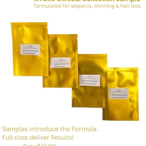 May include: Four gold-colored sample packets from the AYURS Clinical Collection, formulated for hair loss. Each packet has a white label with product information. The text at the bottom reads, "Samples introduce the Formula. Full sizes deliver Results!"