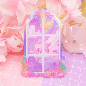 Adesivo in vinile olografico Cosmic Ocean Window - simpatico adesivo cosmico, adesivo estetico, cancelleria pastello, adesivo kawaii iridescente, rosa