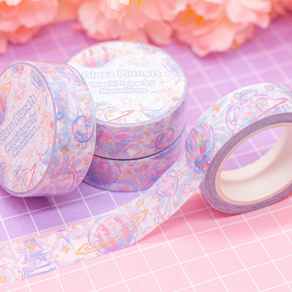 Glass Planets washi tape - cosmic decorative tape for bullet journals and planners, cute stationery, space lover, kawaii washi, pastel blue