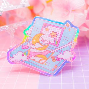 DS Moon Lite holografisk vinylklistermärke: Kawaii Retro-konsol - Vattentät