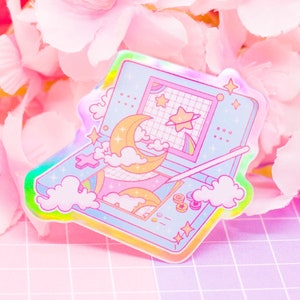 Pegatina de vinilo holográfica DS Moon Lite: bonita pegatina impermeable, pegatina iridiscente kawaii, videojuegos, consola retro de ensueño, azul pastel
