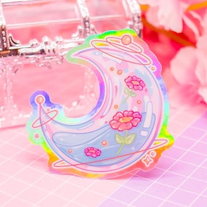 CELESTIAL GLASS MOON holographic vinyl sticker - cute waterproof sticker, pastel aesthetic sticker, cosmic sticker, space stationery, kawaii