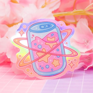 Cosmic Soda holografischer Vinyl-Aufkleber - süßer ästhetischer Aufkleber für Sternengetränke, Pastell-Briefpapier, irisierender Kawaii-Aufkleber, Pastellrosa