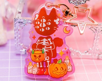 Skelettkatt Akrylnyckelring: Kawaii Halloween-berlock
