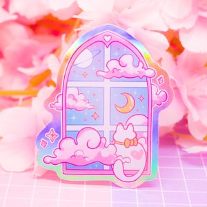 Adesivo in vinile olografico Dreamy Cat Window - adesivo impermeabile carino, adesivo estetico, cancelleria pastello, estetica spaziale kawaii, rosa