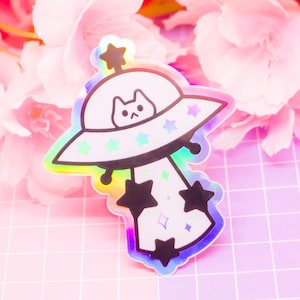 Adesivo olografico in vinile Cat Alien - adesivo impermeabile carino, adesivo kawaii iridescente, adesivi con gatti spaziali, adesivi con animali, gatti divertenti