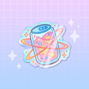 Cosmic Soda holographic vinyl sticker - cute starry drink aesthetic sticker, pastel stationery, iridescent kawaii sticker, pastel pink