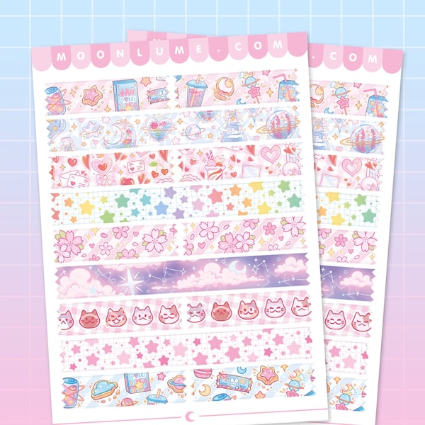 Pastel washi tape sticker sheet - 14 cute matte vinyl waterproof stickers, washi strips, kawaii aesthetic stationery, pastel stickers, moon