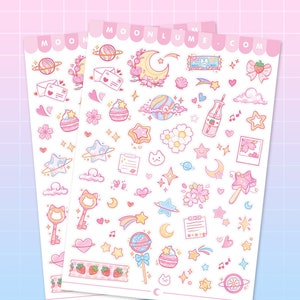PINK AESTHETIC Stickerbogen - 76 niedliche matte Vinyl wasserfeste Sticker, ästhetische Kunst Aufkleber, kawaii ästhetische Schreibwaren, Pastell Sticker