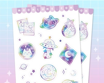 MEOWTER RUIMTESTICKERS - mat vinyl stickervel - 19 schattige esthetische melkwegstickers, ruimtestickers, sterstickers, kattenstickers, kawaii