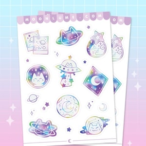 MEOWTER RUIMTESTICKERS - mat vinyl stickervel - 19 schattige esthetische melkwegstickers, ruimtestickers, sterstickers, kattenstickers, kawaii