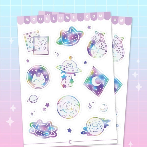 MEOWTER SPACE STICKERS - matte vinyl sticker sheet - 19 cute aesthetic galaxy stickers, space stickers, star stickers, cat stickers, kawaii