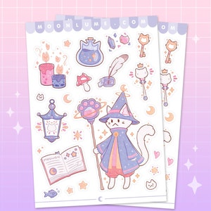CAT WIZARD Stickerbogen - 22 niedliche matte Vinyl wasserfeste Aufkleber, Pastel Katzen Aufkleber, Dnd, Magie Aufkleber, Hexen Aufkleber, Tier Aufkleber