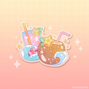 TROPICAL SUMMER DRINKS transparent vinyl sticker - cute waterproof sticker, kawaii pastel sticker, ocean stationery, beach party