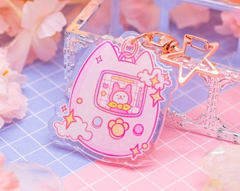 CaTamagotchi Acrylic Keychain: Kawaii Retro Cat Charm with Star Clasp