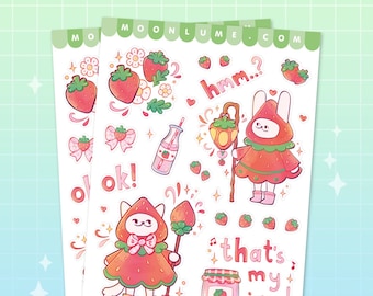 Strawberry Friends Aufkleberbogen - 20 niedliche matte Vinyl wasserfeste Aufkleber, Erdbeeren Aufkleber, Kawaii-Aufkleber Bogen, Beeren Briefpapier, Katze