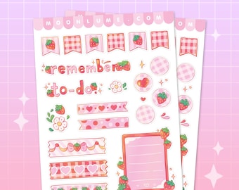 Erdbeer Sticker Blatt - 25 niedliche matte Vinyl wasserfeste Aufkleber, Erdbeer Sticker, Kawaii Sticker Blatt, Bullet Journal, To-Do
