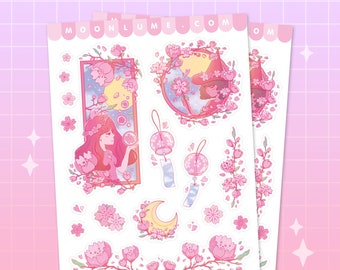 Feuille d'autocollants SAKURA SEASON - 17 autocollants imperméables en vinyle mat mignons, autocollant de fleur de cerisier, autocollants japonais, feuille d'autocollants kawaii, lune