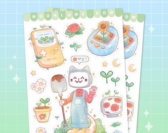 VIRTUAL GARDEN sticker sheet - 17 cute matte vinyl waterproof stickers, gardening stickers, kawaii aesthetic stickers, pixel stationery, cat