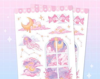 Cosmic Swim aesthetic sticker sheet - 14 cute matte vinyl waterproof stickers, pastel stickers, kawaii sticker sheet, kawaii stationery, sea