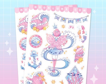 Water Fairy Kingdom sticker sheet - 15 cute matte vinyl waterproof stickers, pastel stickers, kawaii sticker sheet, kawaii stationery