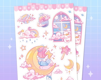Pastel Moon Girl Sticker Sheet: 16 Waterproof Matte Vinyl Kawaii Stickers