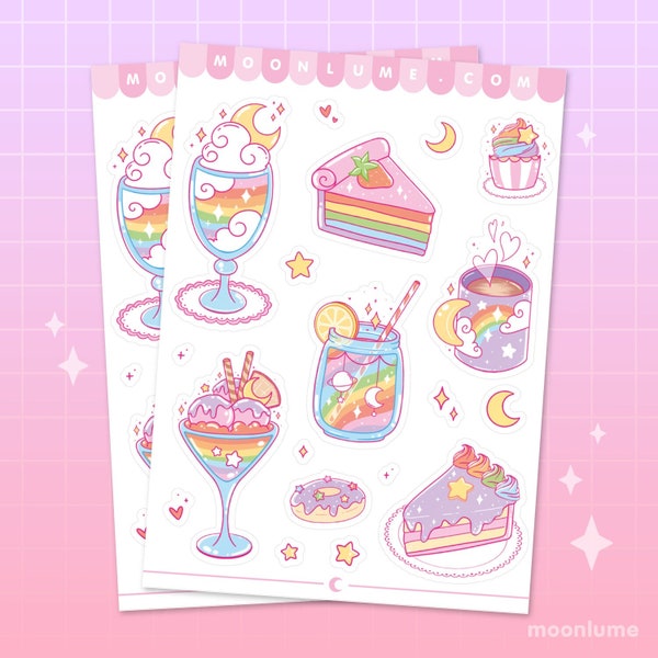 RAINBOW DESSERTS sticker sheet - 19 cute matte vinyl waterproof stickers, kawaii sticker sheet, rainbow stationery, cute food stickers