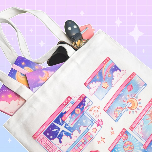 Cosmic Computer tote bag - 34x38cm shopping bag, digital y2k aesthetic, kawaii cute bag, pink totebag, space themed bag, original tote bag