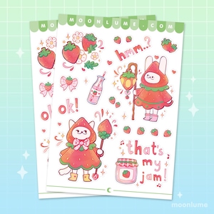 Hoja de pegatinas Strawberry Friends: 20 lindas pegatinas de vinilo mate impermeables, pegatinas de fresa, hoja de pegatinas kawaii, papelería de bayas, gato