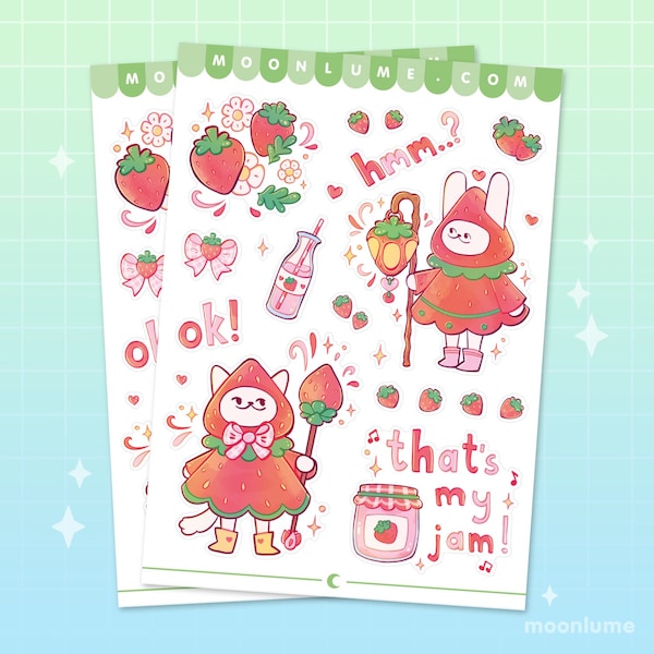 Strawberry Friends sticker sheet - 20 cute matte vinyl waterproof stickers, strawberry stickers, kawaii sticker sheet, berry stationery, cat